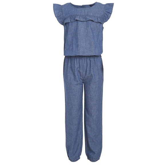 Nautica Girls’ Ruffle-Trimmed Chambray Jumpsuit Sz L - Picture 1 of 10